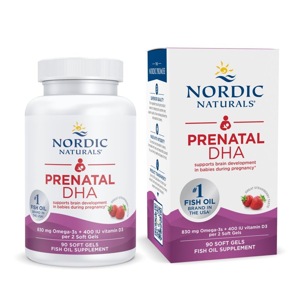 Nordic Naturals Prenatal DHA, Erdbeere - 90 Weichgele - 830 mg Omega-3 + 400 IU Vitamin D3 - Non-GMO - 45 Servierungen