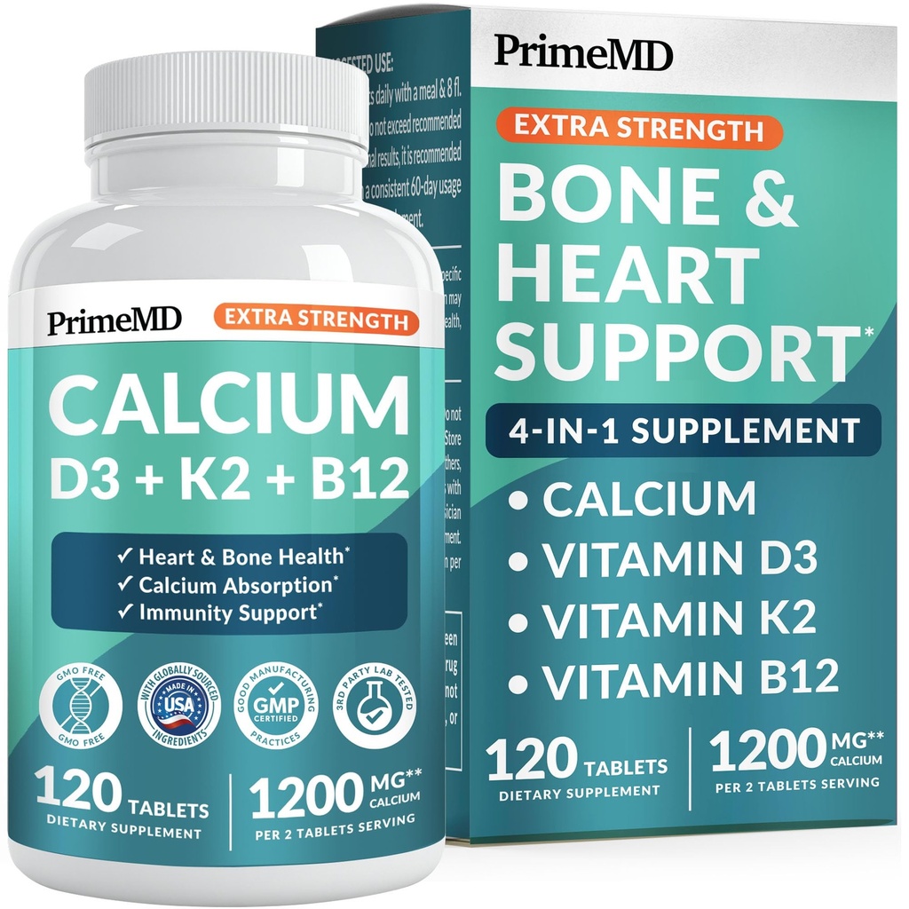 4-in-1 Calcium 1200 mg mit Vitamin D3 K2 - Extra Strength Calcium Supplements für Frauen und Männer mit D3 K2 Vitamin 5000 IE - Everyday Vitality Supplement - Vegan-freundlich, glutenfrei, Nicht-GVO (120ct)