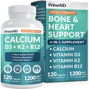 4-en-1 Calcium 1200 mg avec vitamine D3 K2 - Suppléments de calcium extra-fort pour les femmes et les hommes avec D3 K2 Vitamine 5000 UI - Supplément de vitalité quotidienne - Vegan-friendly, sans gluten, non-OGM (120ct)