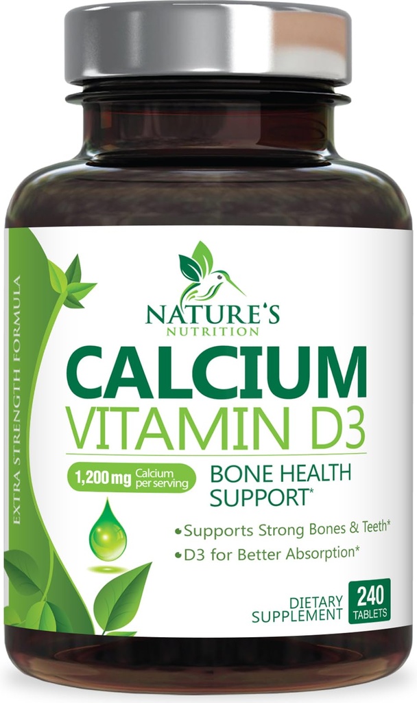 Supplément de calcium avec la vitamine D3-1200 mg Calcium par portion avec D3 pour la meilleure absorption - Supports Imune Health, Bones & Dents - Le calcium de la nature est mis en bouteille aux États-Unis pour les femmes et les hommes - 240 comprimés