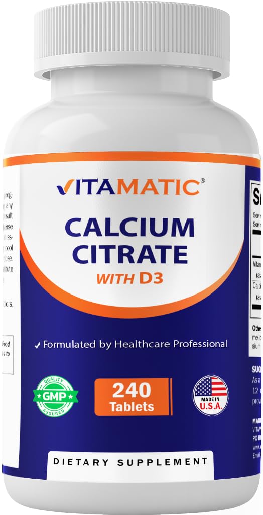 Citrate de calcium vitamatique avec vitamine D3 – 240 comprimés – Citrate de calcium à haute absorption avec D3 – Non-OGM, sans gluten