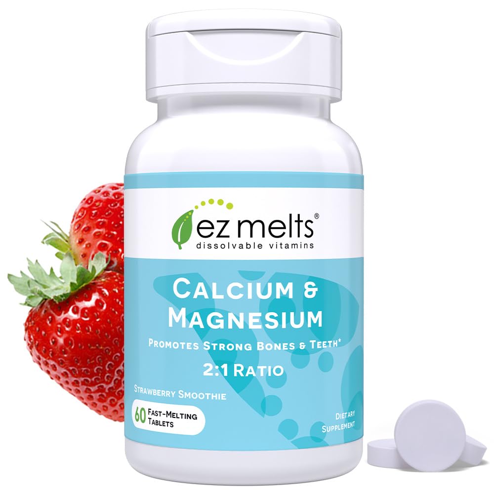 EZ Melts Calcium & Magnésium - Supplément quotidien pour la santé cardiaque, osseuse, immunitaire et cérébrale - avec vitamine D3 - Non-OGM & végétalien - Smoothie aux fraises - 60 comprimés dissolvables (30 portions)