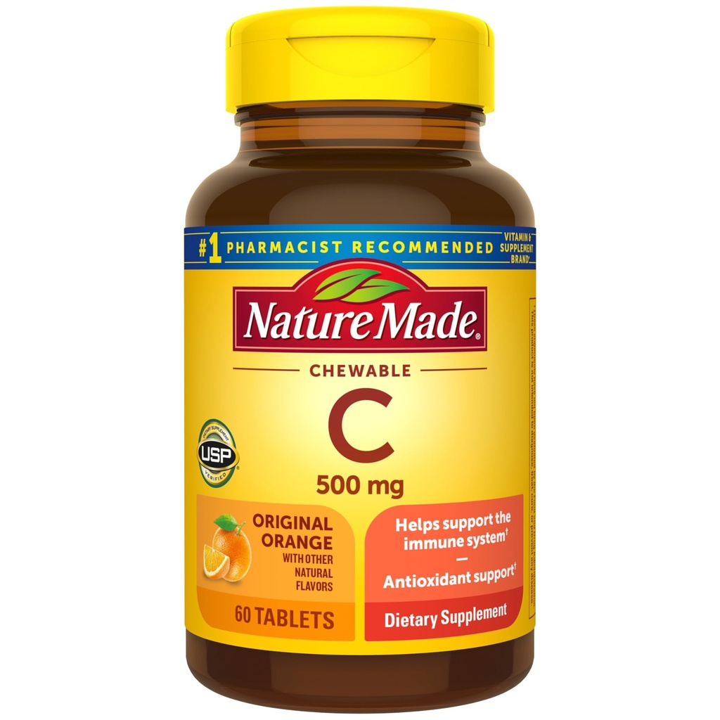 Nature faite de vitamine à croquer C 500 mg, supplément alimentaire de vitamine C pour le soutien immunitaire, 60 comprimés, 60 jours d'approvisionnement