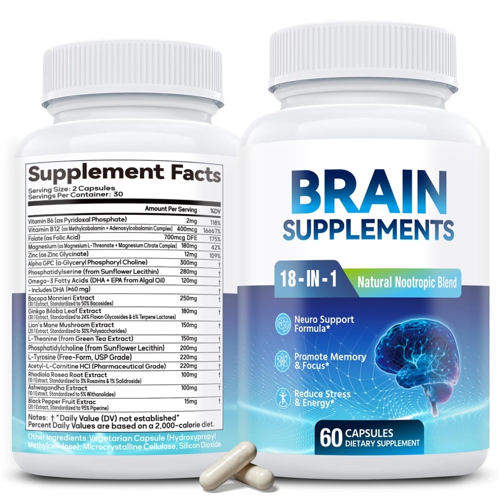 18-in-1-Gehirnergänzung für Gedächtnis und Fokus - Nootropische Kapseln mit Alpha GPC, Bacopa, Ginkgo Biloba, Löwenmähne, Vitamin B6 & B12 | Kognitive Gesundheit, geistige Klarheit | Vegan, Nicht-GVO