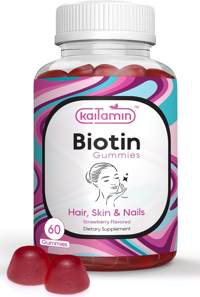 Biotin Vitamin B7 Gummi für Haar Haut & Nägel - 5000 mcg pro Servieren - mit Elderberry und Kokosnussöl, 60 Erdbeer-Flamoured-Gummien - Alle natürlichen, Gluten-freien & Vegetarier (Pack 1)