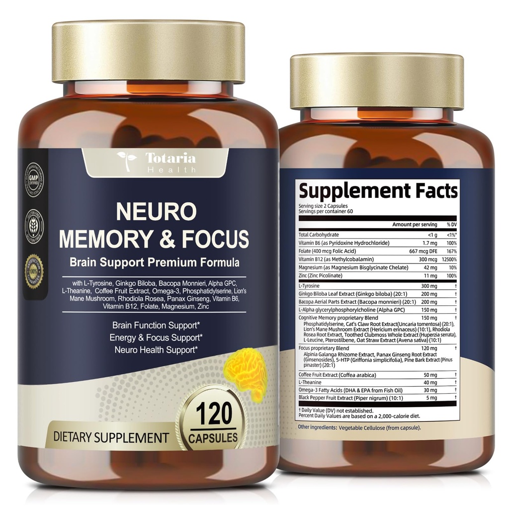 Totaria Brain Supplements für Gedächtnis und Fokus, Gehirngesundheit mit L-Tyrosin, Alpha GPC, Ginkgo Biloba, Bacopa Monnieri, Nootropic Cognitive Support - Non-GMO, Glutenfrei (120 Counts)
