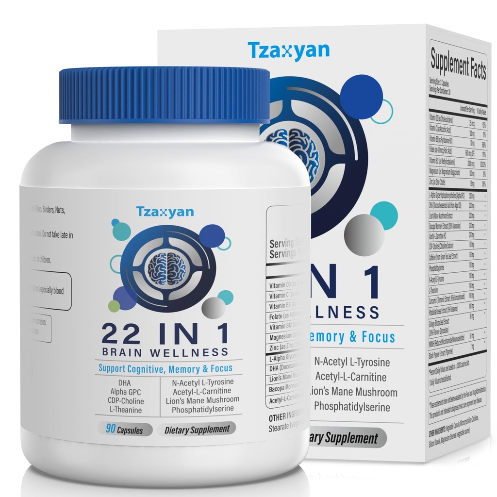 Suppléments Cerveau pour Mémoire et Focus, Clarté et Amélioration Cognitive, 300mg Alpha GPC, CDP-Choline, DHA, Lion, L-Theanine, Vitamine B6 B12 & Phosphatidylsérine pour hommes et femmes, 90 Capsules