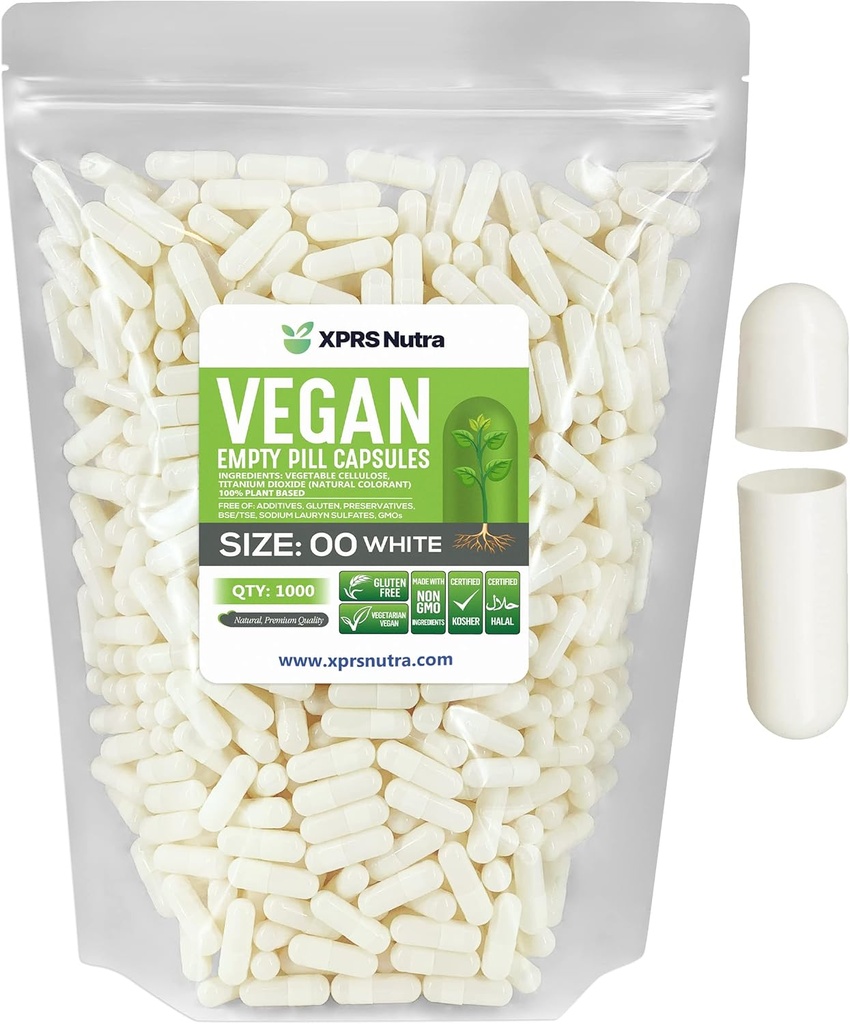 XPRS Nutra Taille 00 Capsules vides - 1000 Capsules vides de compte - Pilules végétariennes - Garniture de capsules végétales bricolage- Bouchons de pilules veggie pour compléments Do-It-Youlf (Blanc)