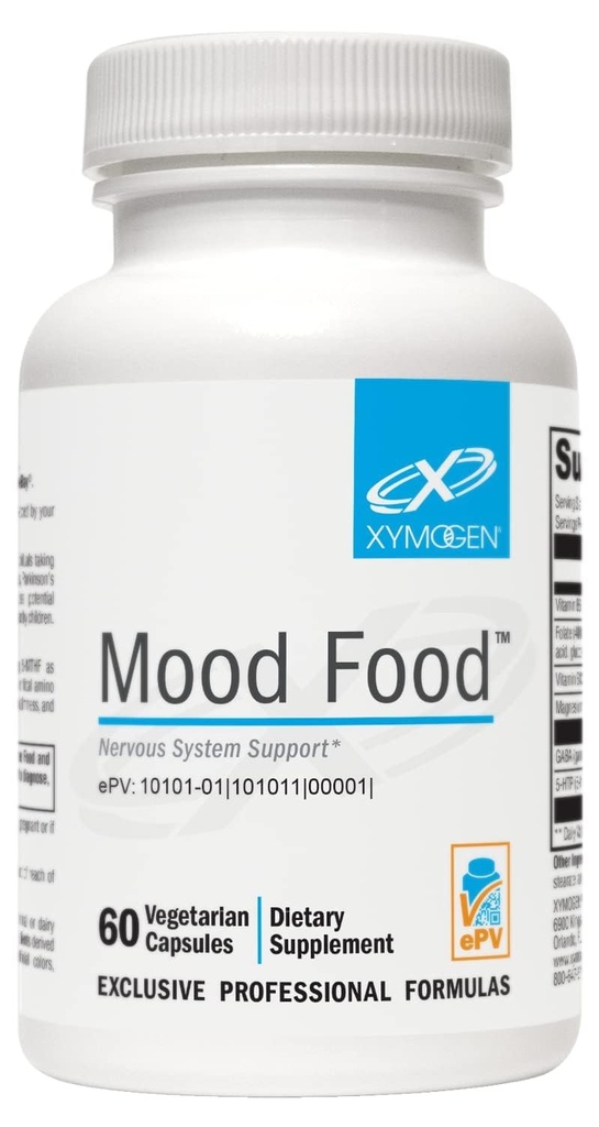 XYMOGEN Mood Food - Supplément système nerveux, relaxation et soutien de l'humeur - Folate, B12, B6 avec Magnésium, Supplément 5-HTP et GABA - Vegan & Non-GMO (60 capsules)