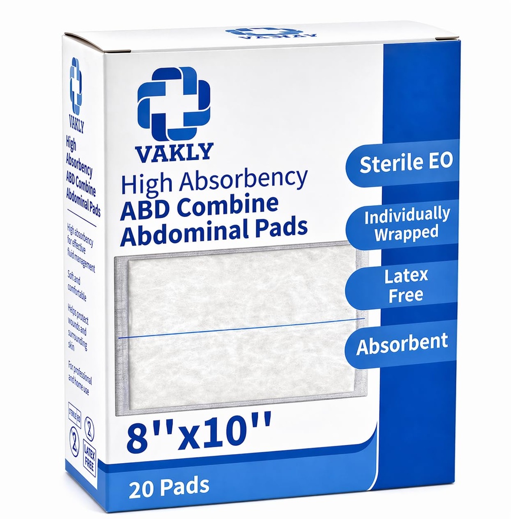 Vakly ABD Pads 8" x 10" Sterile (20 Pack) – Abdominal Combine Gauze Pads, High Absorbency Non-Adherent Dressings, Individually Wrapped for Wound Care & First Aid