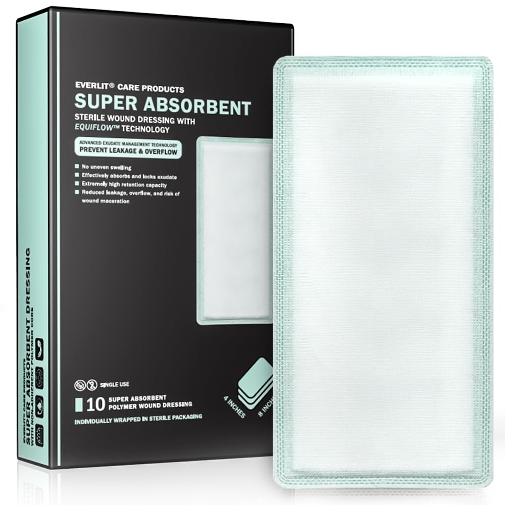 EVERLIT CARE EquiFlow Super Absorbent Dressing for Heavily Exuding Wound | Fast-Absorbing Non-Adhesive Polymer Dressing with Nonstick Gauze Pad | High Absorption & Retention | Pack of 10 (4" x 8")