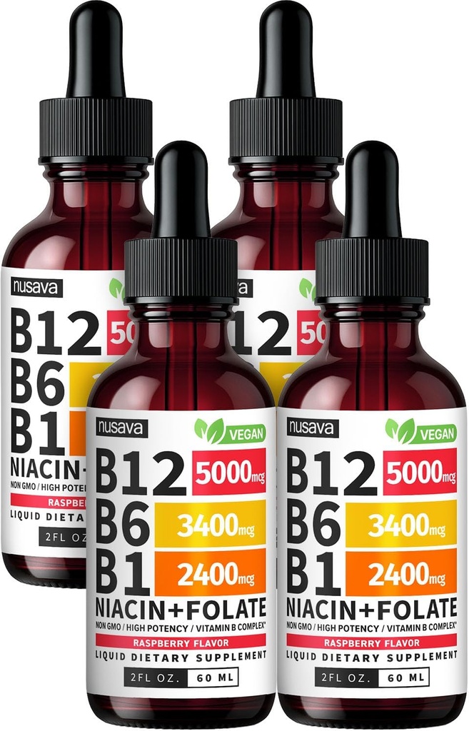 (4 Pack) Vitamin B12 und B6 Flüssigkeitstropfen, B12 Sublingual Vitamin B Complex - B 12 Vitamin 5000mcg - B12 Methylcobalamin für Energie, Gehirn und Herz Unterstützung mit 27,200 mcg, Himbeer, 80 Servierungen