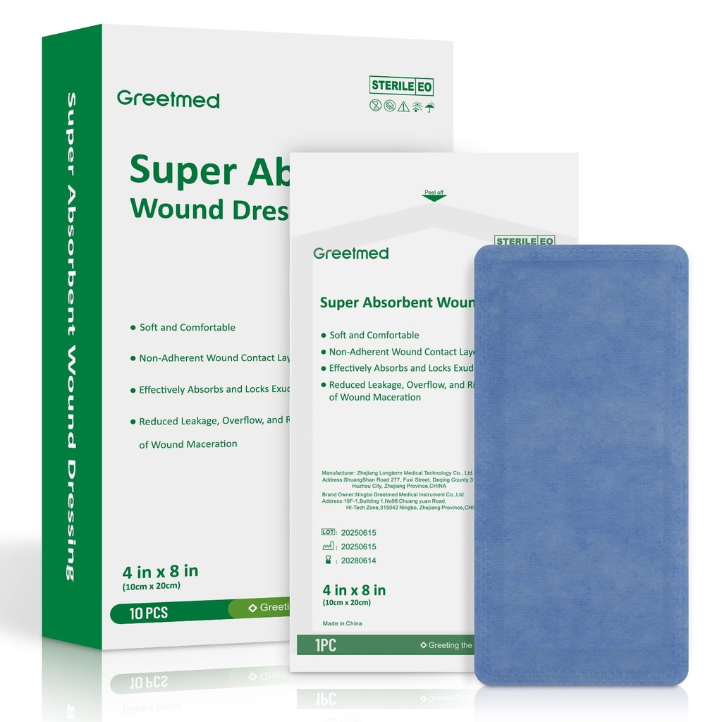 Super Absorbent Dressing for Wound Care 4" x 8" Individual Sterile Pack of 10 Nonstick Soft Surgical Gauze Pad Waterproof Wound Dressing Bandage for Heavily Exuding Wound Care