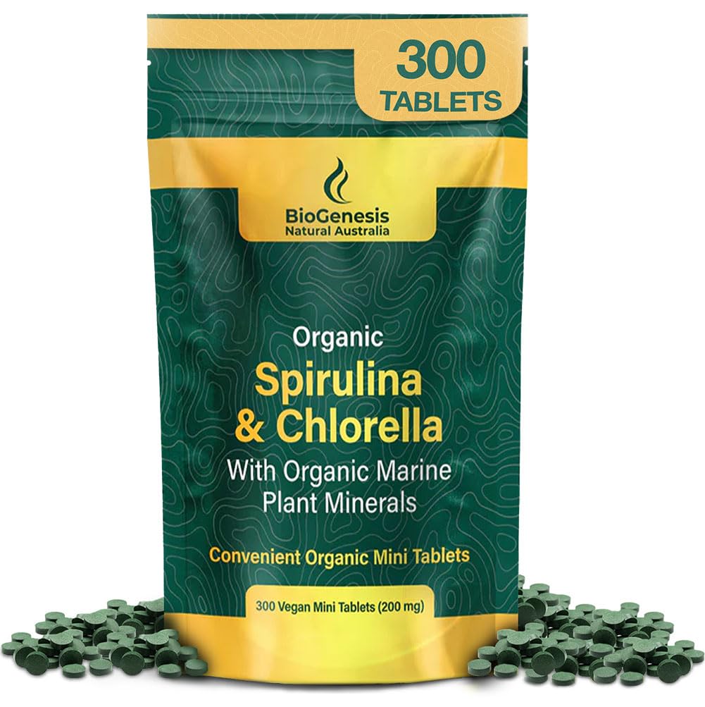 Biogenèse Spiruline biologique, Chlorelle et Minéraux des plantes marines – 300 Nombre (200 mg)