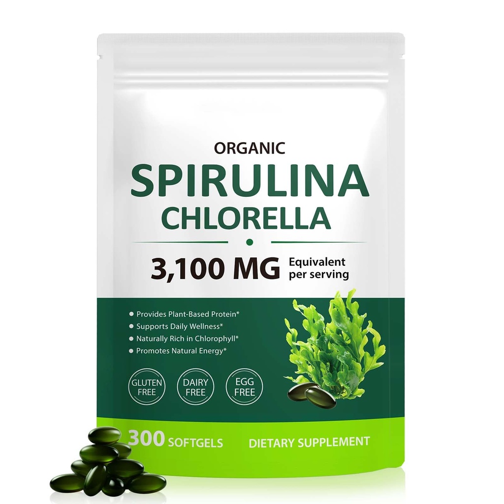 Spirulina Chlorella Capsules,17-in-1 Supergreens Mélange riche en protéines, chlorophylle, vitamines, soutient l'énergie, l'Immune et la santé de Gut, Easy Absorption 300 Softgels