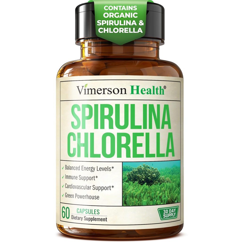 Capsules de Spiruline et Chlorella - Capsules de Spiruline avec Poudre de Chlorelle pour Immune, Antioxydant et Soutien énergétique. Nutritif Super Vert. Vegan & Non-OGM. Troisième partie testée. 60 Casquettes