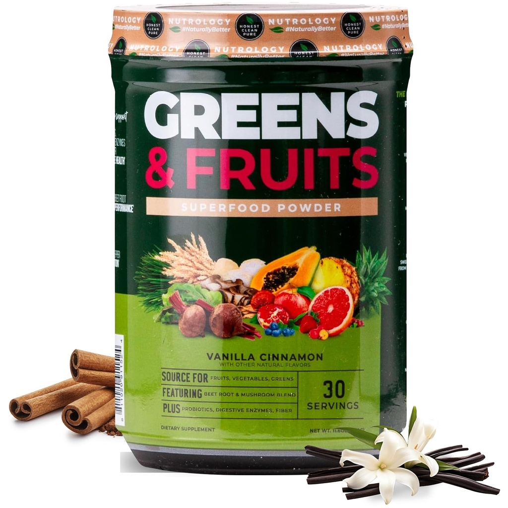 Nutrology Greens & Fruits Powder-Naturally Sourced Superfood, Beet Powder, Mushroom Blend, Probiotics, Digestive Enzymes, Fiber, Antioxidants, Immune Support, Gluten Free - Vanilla Cinnamon