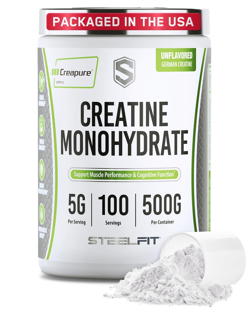 SteelFit Creapure Creatine Monohydrate Powder, Unflavored - German Micronized Creatine Powder for Men & Women - Gym Workout Nahrungsergänzungsmittel für Muskelaufbau, Gehirngesundheit & Stärke Building