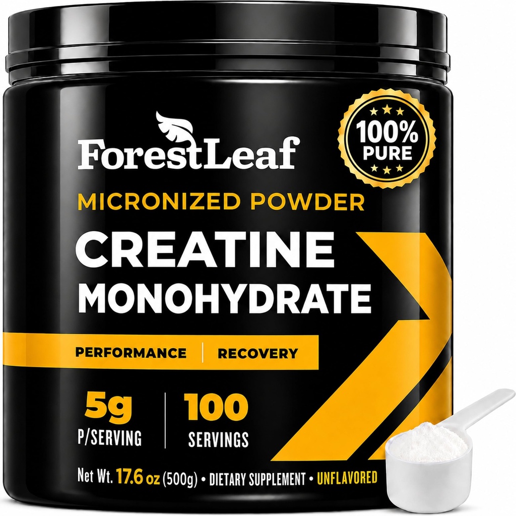 ForestLeaf Poudre micronisée de créatine monohydratée - Maximiser la croissance et la force musculaires - Créatine non aromatisée pour les femmes et les hommes - 5G par portion - 100 portions