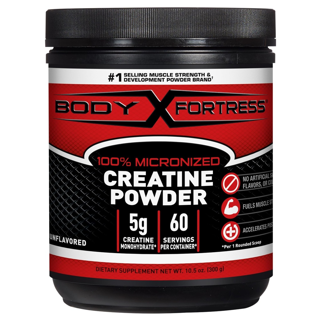 Body Fortress 100% poudre monohydratée de créatine - Supplément de créatine micronisée non aromatisé pour la croissance musculaire, la force et la récupération, avant l'entraînement et après l'entraînement pour les femmes et les hommes - 5g par scoop