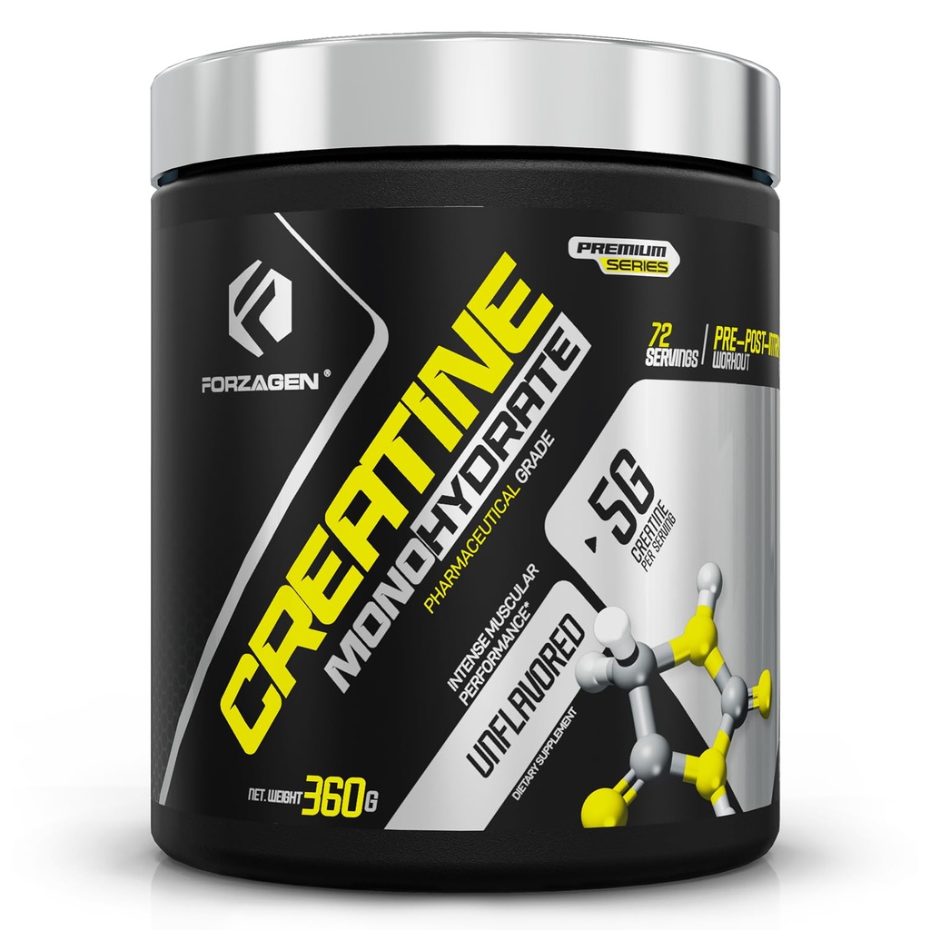Poudre monohydratée de la créatine de Forzagen non aromatisée et micronisée pour les hommes et les femmes, Creatina Monohidratada en Polvo, Creatina para Aumentar la Masa Muscular - 72 portions
