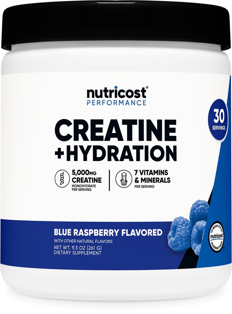 Nutricost Créatine Monohydrate + Hydratation Bleu Aromatisé aux framboises (30 portions) - 7 vitamines et minéraux, 5000mg de créatine par portion