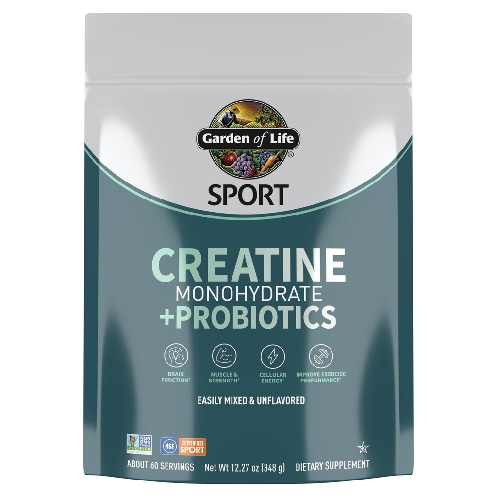 Poudre monohydratée de créatine pour les femmes et les hommes par jardin de vie, préparation micronisée avec probiotiques pour les muscles, la force, la performance, le sport Amino énergie, environ 60 portions faciles à mélanger