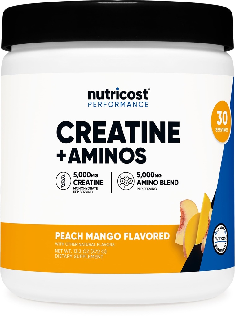 Nutricost Creatine + Aminos 30 Servierungen (Peach Mango Flavored) - 5.000mg Creatine Monohydrat + 5000mg Amino BCAA Blend per Servieren