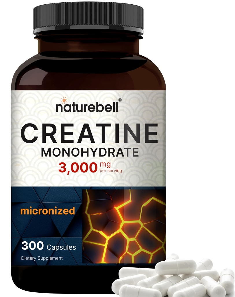NatureBell Creatine Monohydrat Kapseln 3,000mg pro Servieren, 300 Count | Micronized, Unflavored Creatine Pillen | Pre-Workout & Muskelkraft Unterstützung | Einfach zu schlucken, Filler-Free | 50 Servierungen