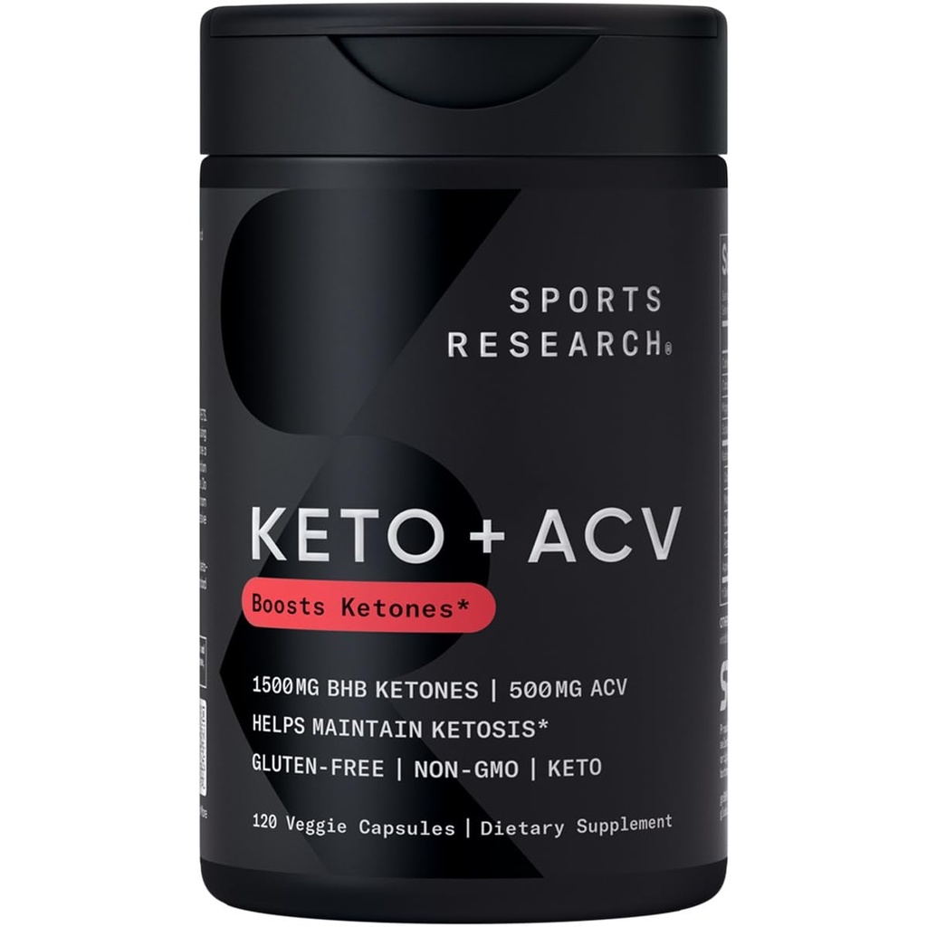 Sport Research® Keto Plus ACV Kapseln - Diät-Unterstützung mit 500mg Apple Cider Essig & 1500mg goBHB® Exogene Ketone - Glutenfrei & Keto zertifiziert - 120 Veggie Kapseln
