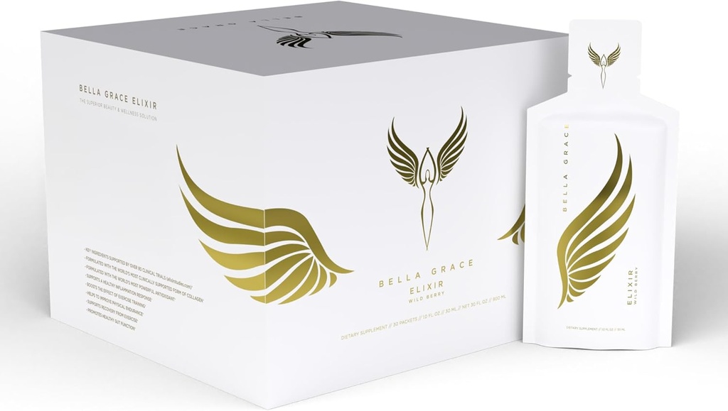 Bella Grace Elixir Collagen Peptides Supplement for Skin Care & Health with Verisol Collagen, AstaReal Astaxanthin, and Cat’s Claw, Supports Collagen Regeneration, Antioxidant Protection, 30 Servings