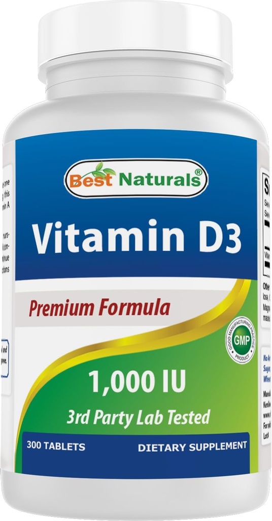 Best Naturals Vitamin D3 1000 IU – 300 Tablets – Made in USA, Non-GMO, Gluten Free, No Artificial Color, Flavor or Preservatives – Dietary Supplement