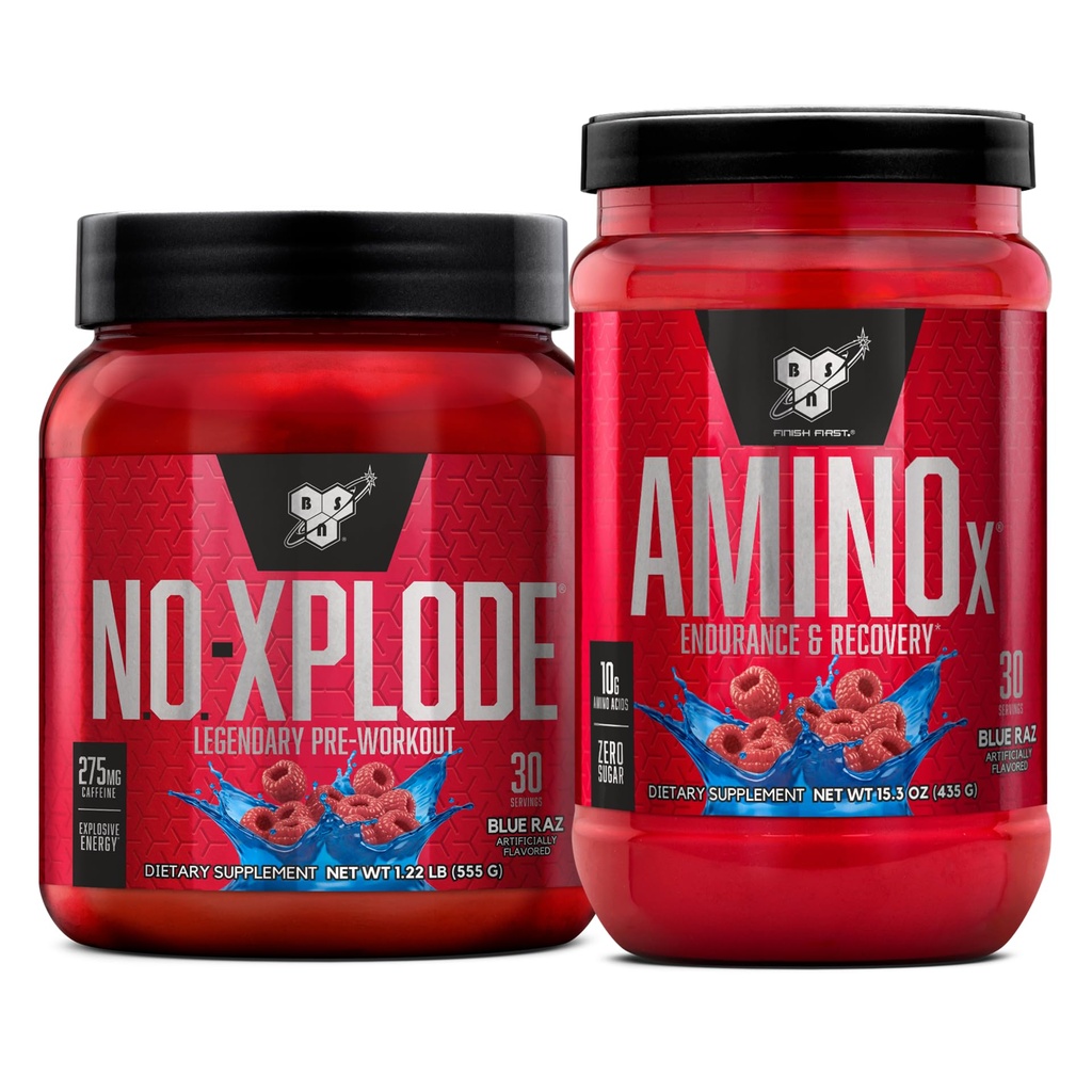 BSN Workout Bundle von NO XPLODE Pre Workout Powder Blue Raz, 30 Portionen AMINO X Muskel Erholung Intra Workout Unterstützung, Koffein Free Blue Raz, 30 Portionen