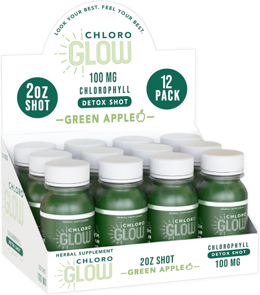 Chloroglow Chlorophyll Shots – Organic Plant-Based Green Apple Drink for Immune Support & Body Cleanse – Natural Supplement (12 Pack)