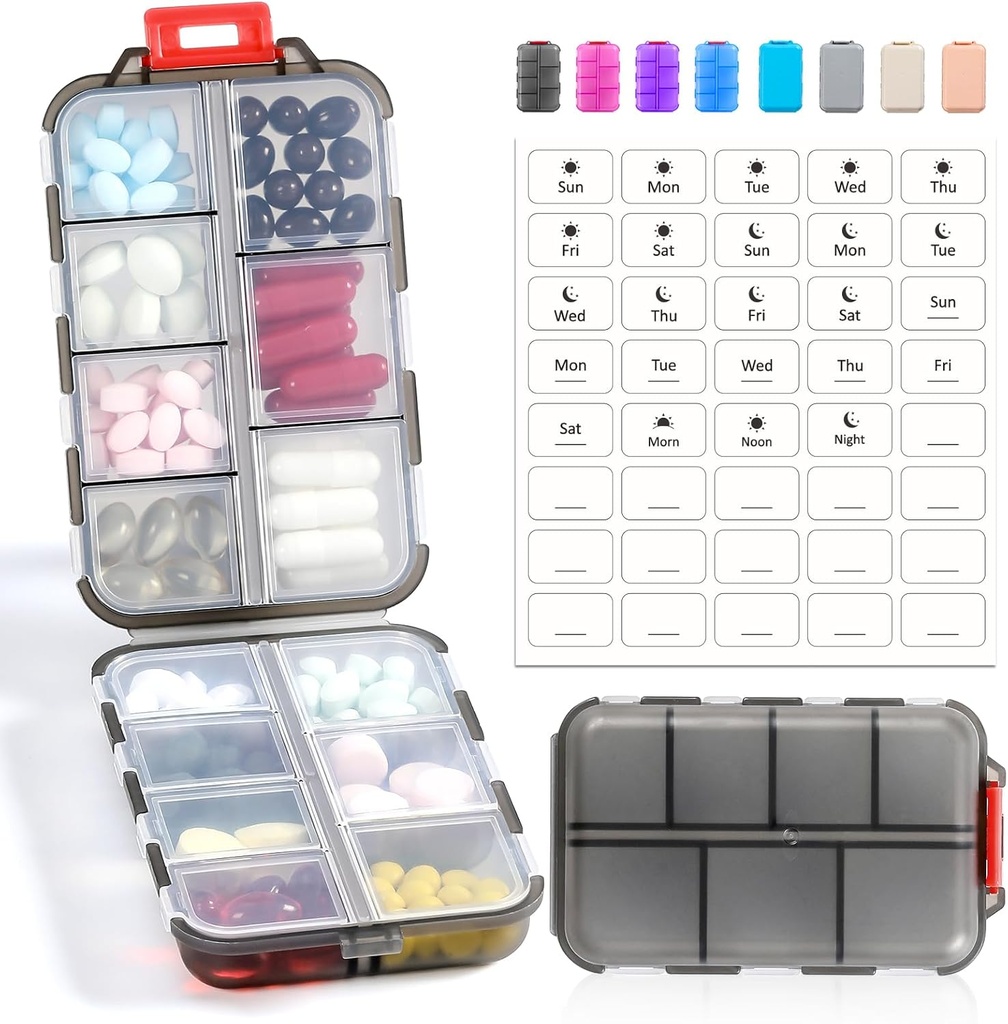 14 GRIDS Travel Pill Organizer Box mit Etiketten - Travel Medicine Case Kit - Pocket Daily Pharmacy Container - Travel Medication Holder Dispenser für Fish Oil Vitamin Supplement Storage - Clear Gray