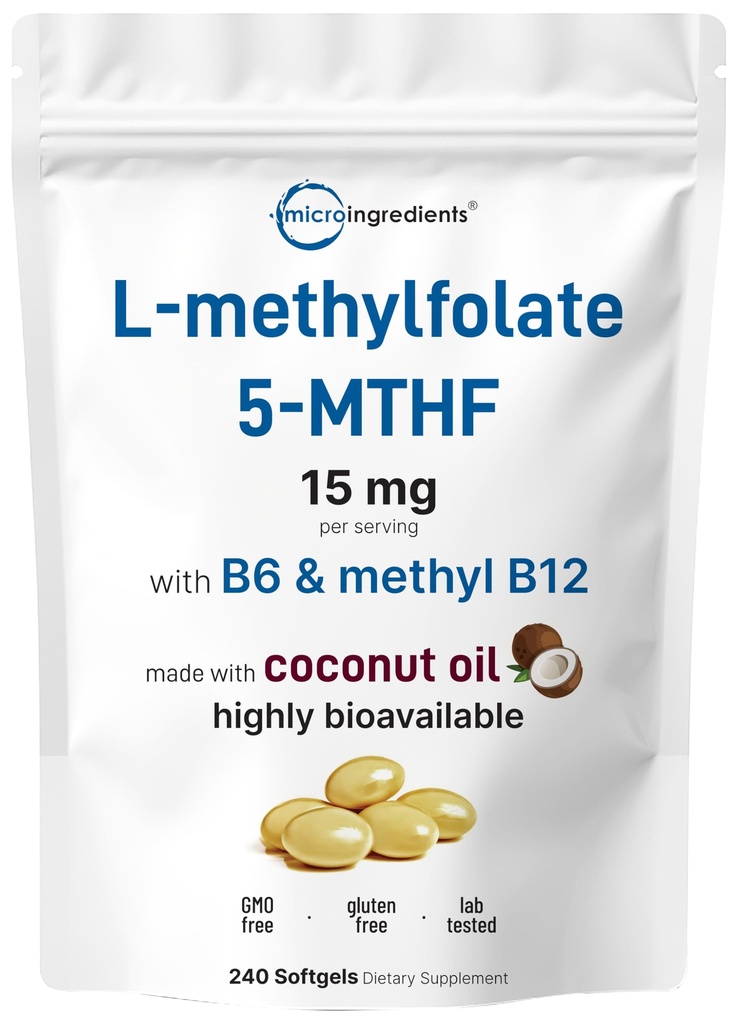 Micro Ingredients L Methylfolat 15mg, 240 Softgels | Aktives 5-MTHF mit B6 & Methyl B12 | Methyliertes Vitamin B9 mit Kokosöl