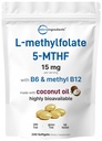 Micro Ingredients L Methylfolat 15mg, 240 Softgels | Aktives 5-MTHF mit B6 & Methyl B12 | Methyliertes Vitamin B9 mit Kokosöl
