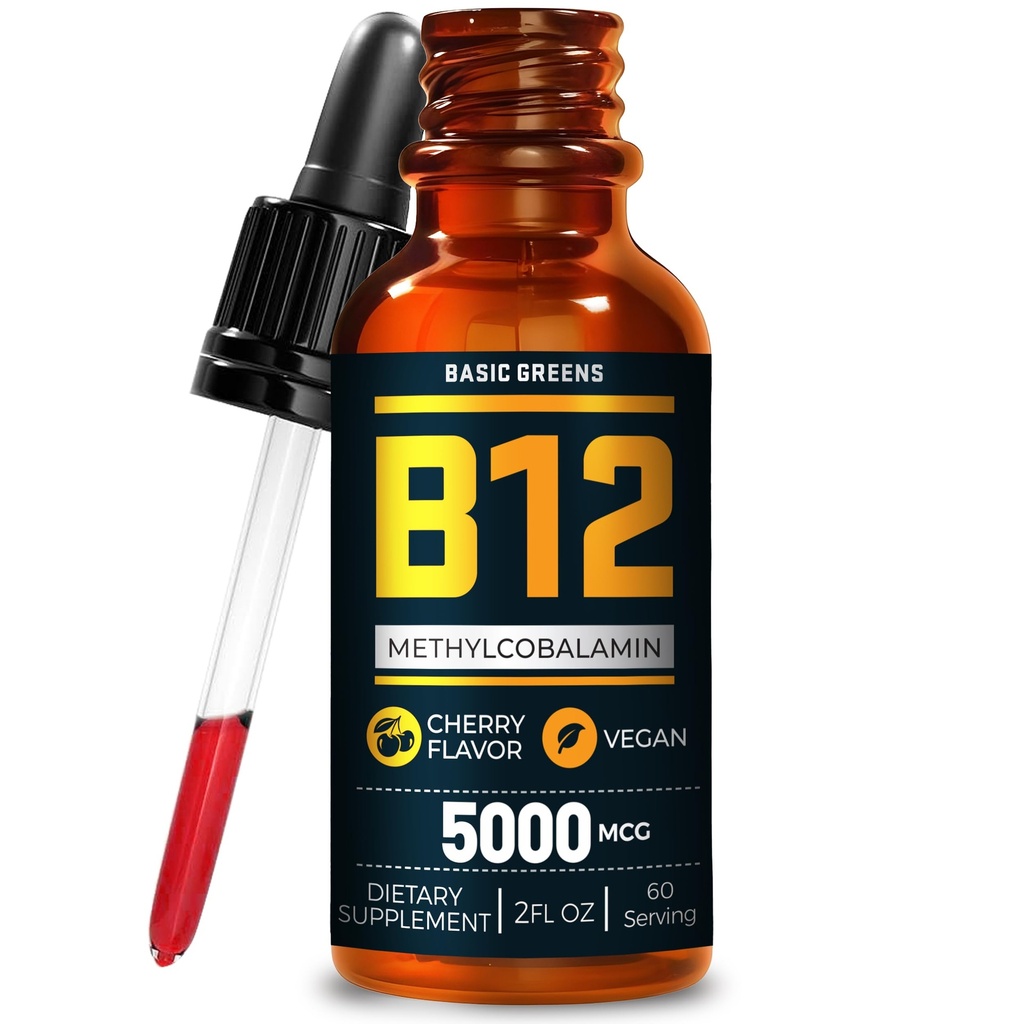 Vitamin B12 Sublingual Liquid Drops 5000 mcg – Vegan Methyl B-12 Supplement for Energy & Focus – B 12 Vitamin for Women & Men – Fast Absorption Methylcobalamin – 60 Servings – 2 fl oz