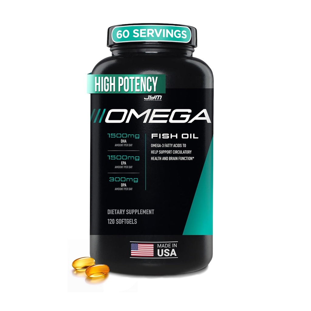 JYM Supplement Science Omega JYM Fischöl 2800mg, High Potency Omega 3, EPA, DHA, DPA für Gehirn, Herz und Joint Support 120 Soft Gels