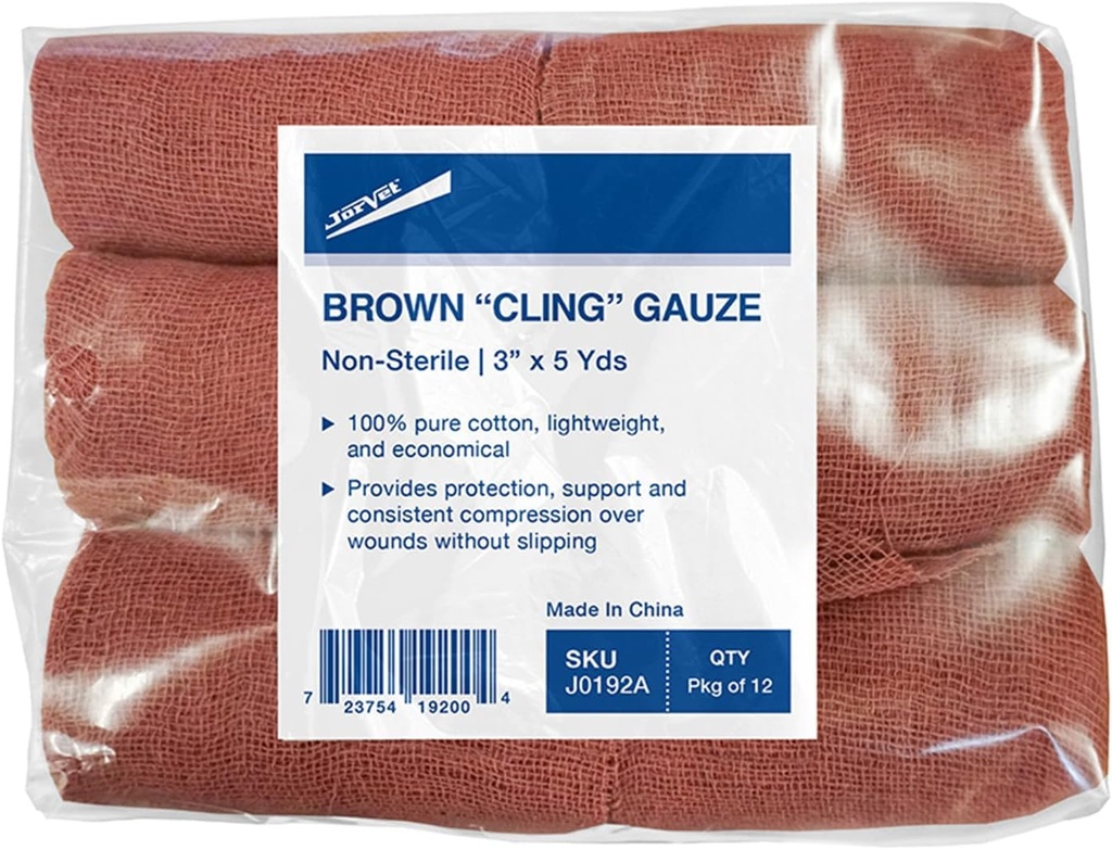 JorVet Brown Cling Gauze | 100% Cotton, Soft & Breathable for Wound Care, Pet Dressings & Medical Use | Comfortable, and Ideal for Healing & Recovery | Brown | 12 Rolls 3" x 5 Yards