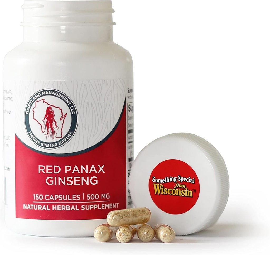 Dairyland Management LLC 100% Authentic Korean Red Panax Ginseng Capsules -500 mg. Potent Ginseng Root Extract Poudre - Pas de remplissage, de liants ou d'autres additifs. (150 ct)