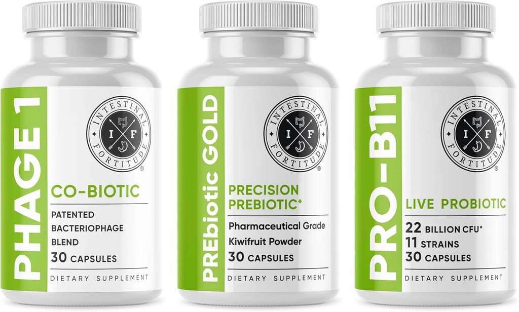 Intestinal Fortitude Gut Health Supplement Bundle - PREbiotic Gold, PRO-B11, Phage 1 - w/Gold Kiwifruit Pectin, SCFAs, und 22 Billion CFU für Microbiome Support, Gluten, Soy, & Dairy-Free Capsules