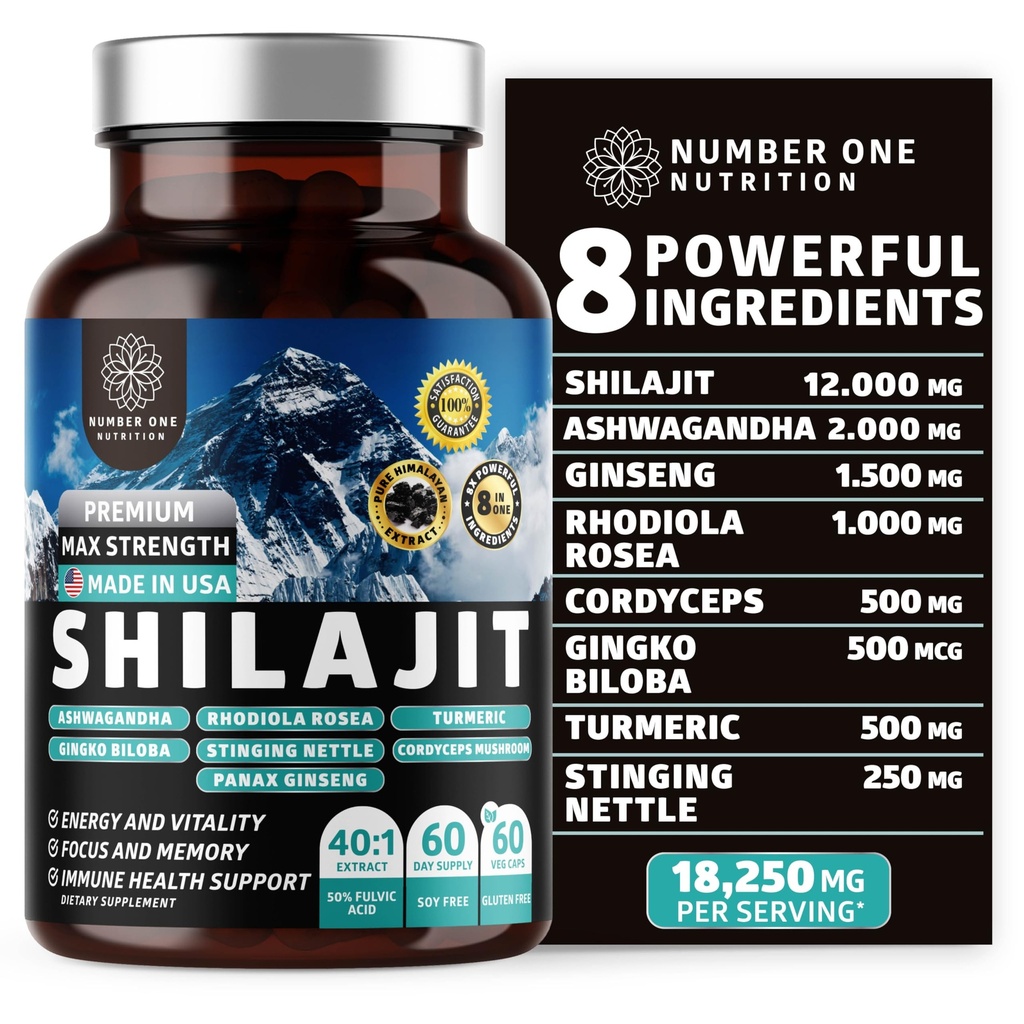 Pure Himalayan Shilajit für Frauen und Männer [50% Fulvic Säure] Besser als Harz mit Ashwagandha, Ginseng, Turmeric, Gingko Biloba, Stinging Nettle, Cordyceps zu unterstützen Energie & Immunität, 60Caps