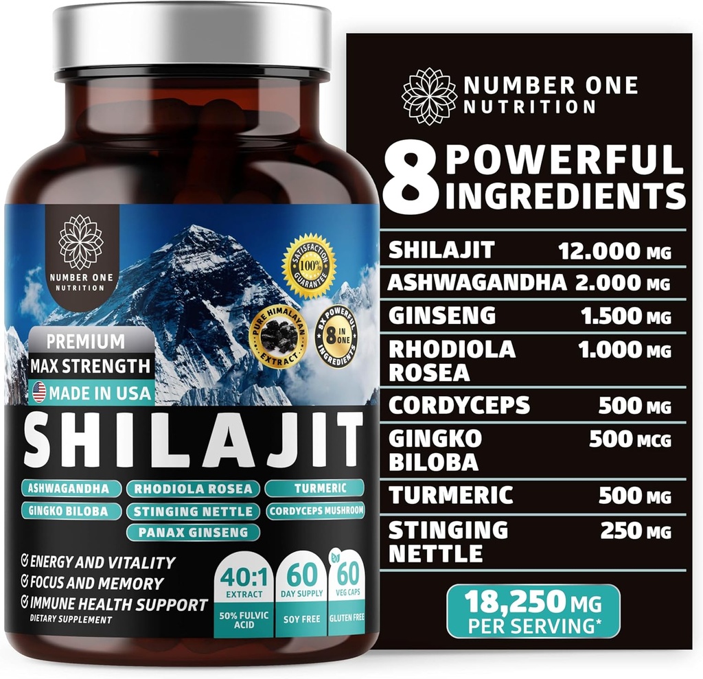 Pure Himalayan Shilajit für Frauen und Männer [50% Fulvic Säure] Besser als Harz mit Ashwagandha, Ginseng, Turmeric, Gingko Biloba, Stinging Nettle, Cordyceps zu unterstützen Energie & Immunität, 60Caps