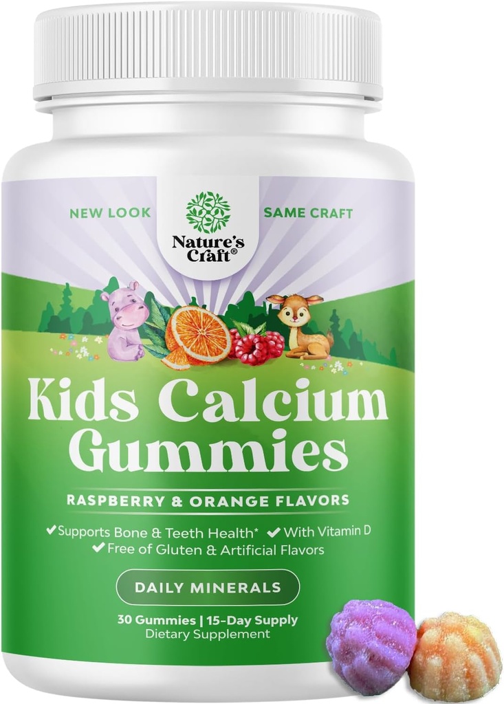 Natures Craft Tasty Kids Gommies de calcium - Gommies de vitamine D et de calcium pour les enfants - Vitamine avec et D pour le développement des os musculaires Enfants sans gélatine 30ct (1 Pack)