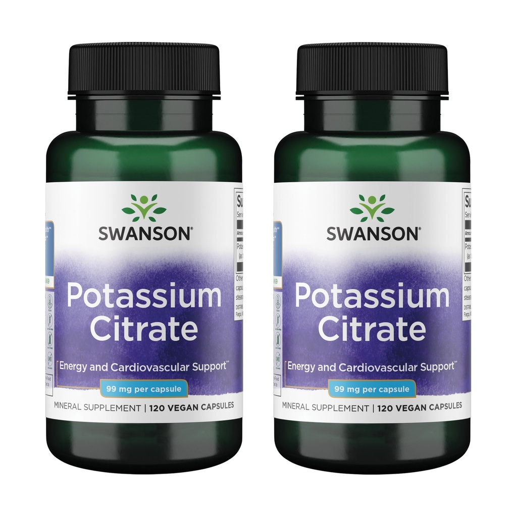 Citrate de potassium de Swanson - Supplément minéral Promouvoir la santé cardiaque et le soutien énergétique - Aides Fonction optimale de nerf et de rein avec des ingrédients naturels - (120 Capsules, 99mg chacun) (2 Pack)