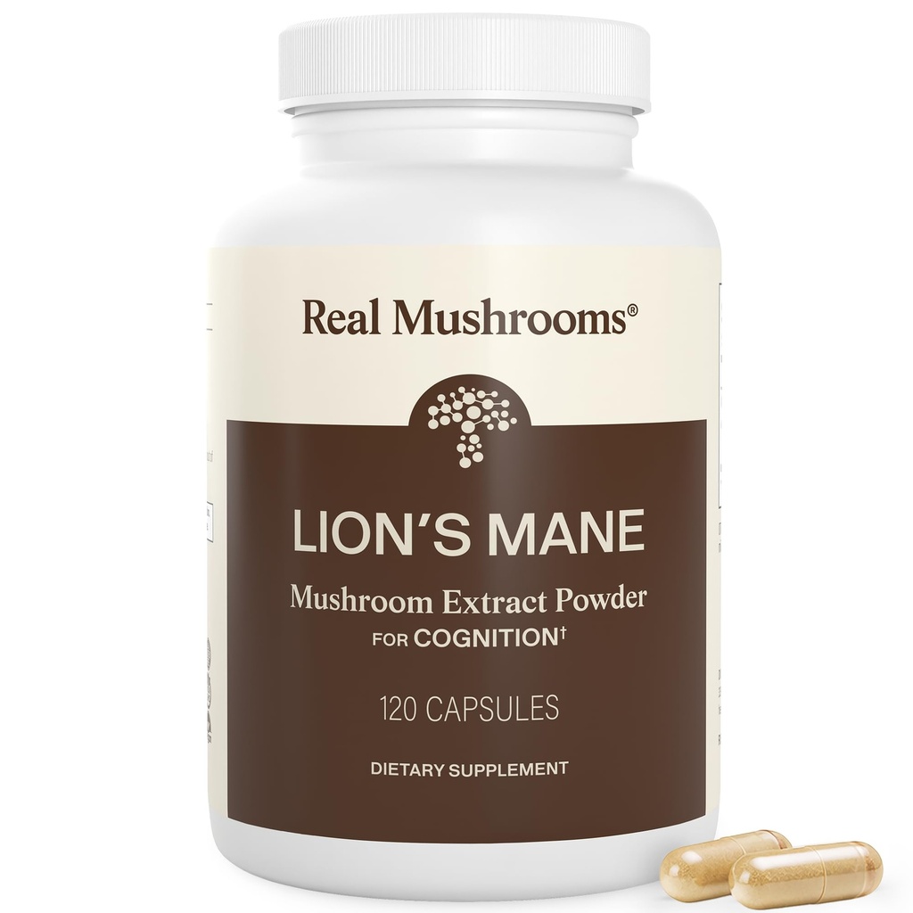 Real Mushrooms Lions Mane Mushroom Cognition (120 Capsules) Lions Mane Mushroom Powder Extract Capsules | Brain Supplement, Brain Vitamins, Focus Supplement