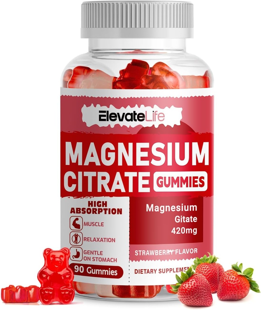 Magnesium Glycinate Gummies 1000mg - Zuckerfreie Magnesium Kalium-Ergänzung mit Vitamin D, B6, CoQ10 für ruhige Stimmung & Schlaf-Unterstützung - 60 Erdbeergummis
