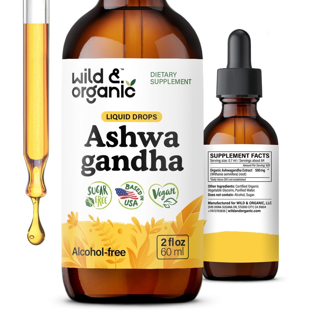 Wild & Organic Ashwagandha gouttes liquides - Apaisant l'extrait de racine Ashwagandha pour la relaxation - 1-Mois d'approvisionnement - Suppléments à base de plantes pour les femmes et les hommes - Teinture végétalienne, sans sucre et sans alcool - 2 fl oz