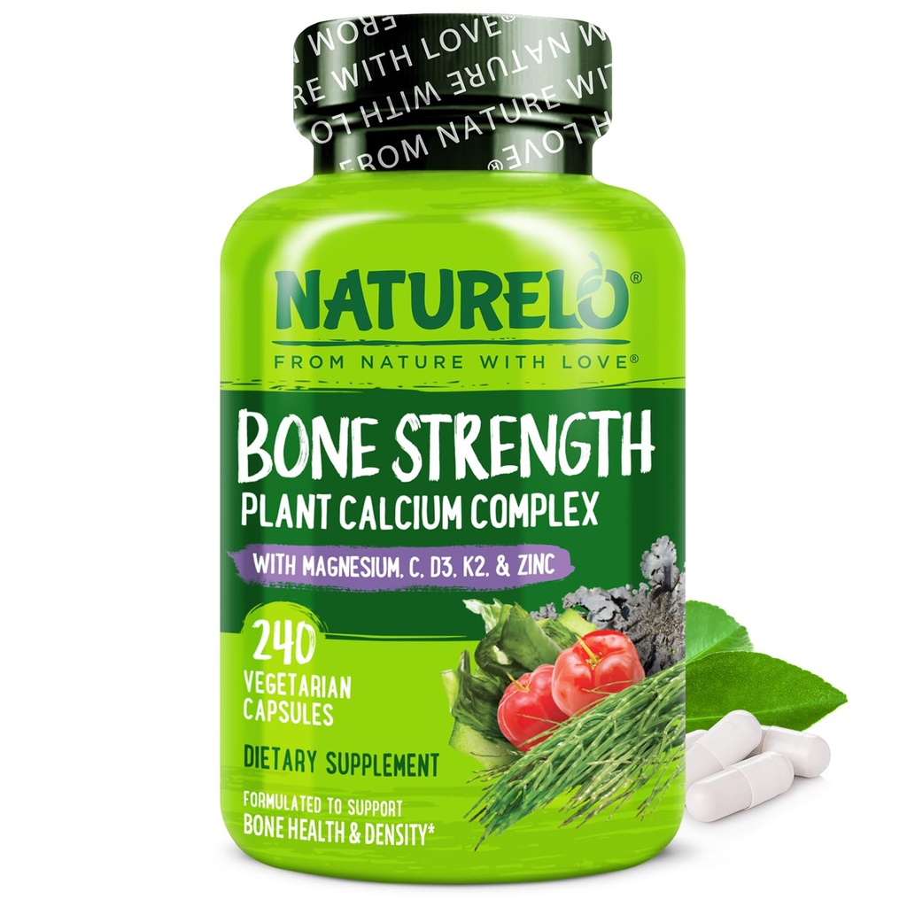 NATURELO Kalziumergänzung - mit Vitamin C, Vitamin D3, K2, und Calcium Magnesium Zink für Knochenstärke mit Calcium 600mg - Pflanzenbasiert, 240 vegetarische Kapseln, Non-GMO, Soja & Gluten-frei